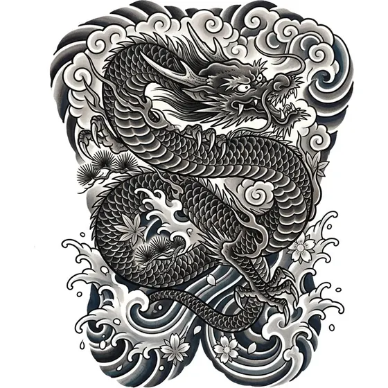Japanese tattoo example — A full back dragon coiled around stylised clouds and waves