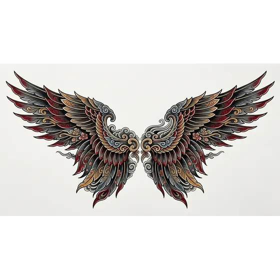 Back Tattoo Ideas example — A pair of feathered wings spread across the shoulder blades