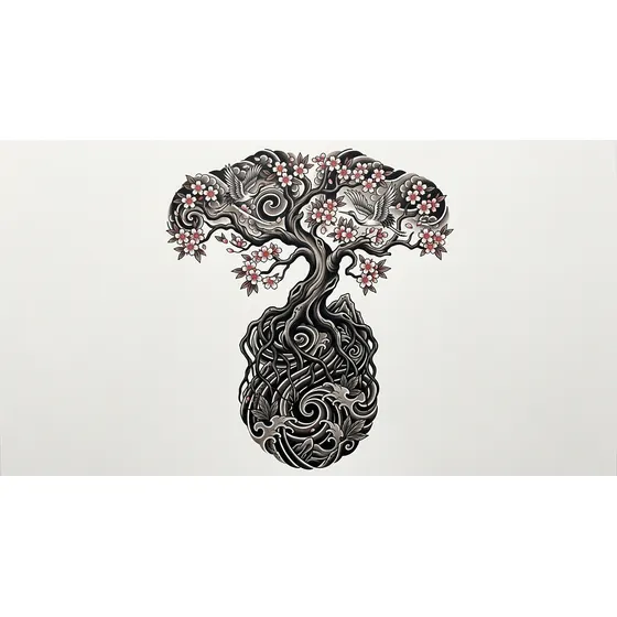 Japanese tattoo example — A tree with roots running down the spine and branches across the shoulders