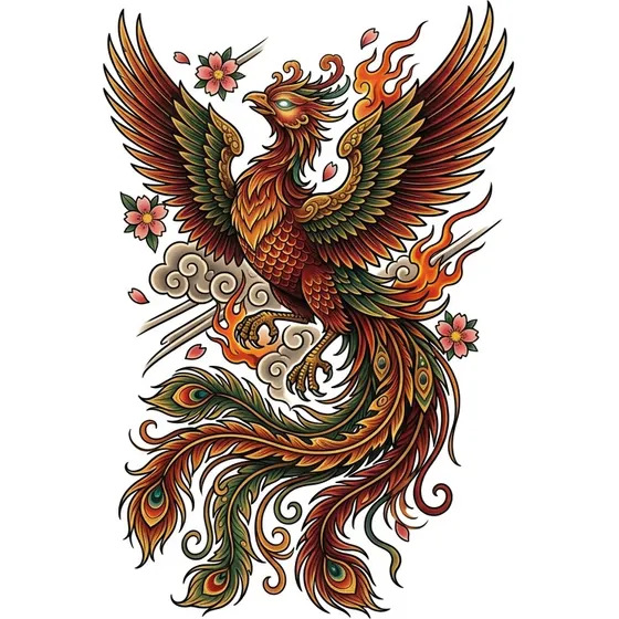 Back Tattoo Ideas example — A phoenix rising up the back with long tail feathers