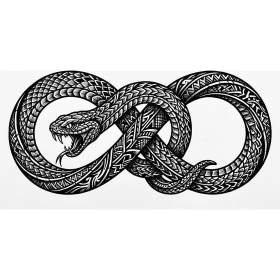 Blackwork tattoo example — An ouroboros snake forming an infinity symbol, solid black fill