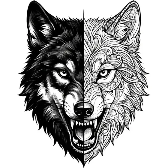 Blackwork Tattoos example — A wolf's head split between solid black and fine linework