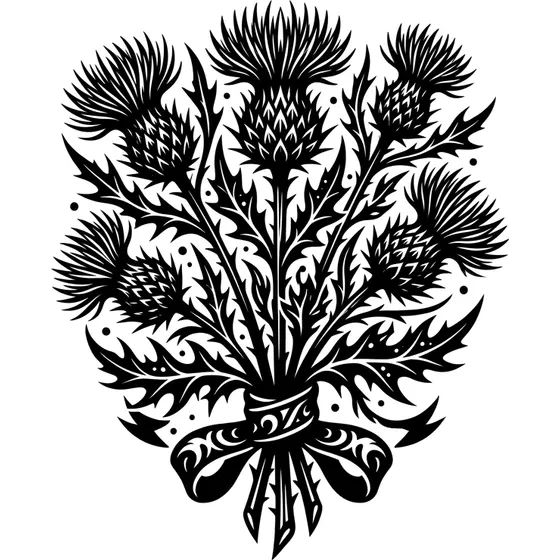 Blackwork Tattoos example — A bouquet of thistles in dense black with sharp negative-space highlights