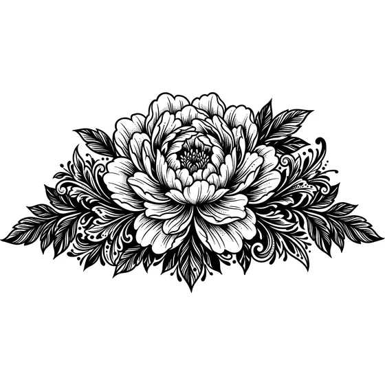 Cover-Up Tattoos example — A large peony with layered petals and dark leaf work behind