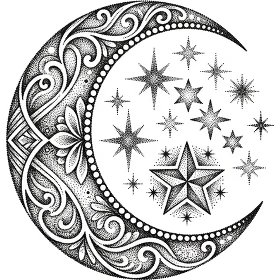 Dotwork tattoo example — A crescent moon and stars rendered entirely in stippling