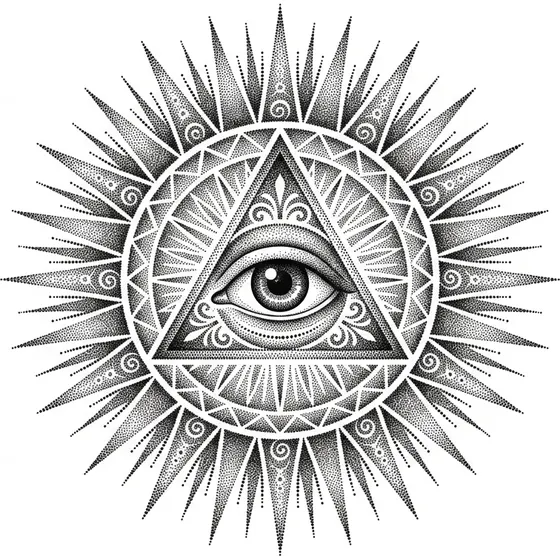 Dotwork tattoo example — An all-seeing eye inside a stippled sunburst