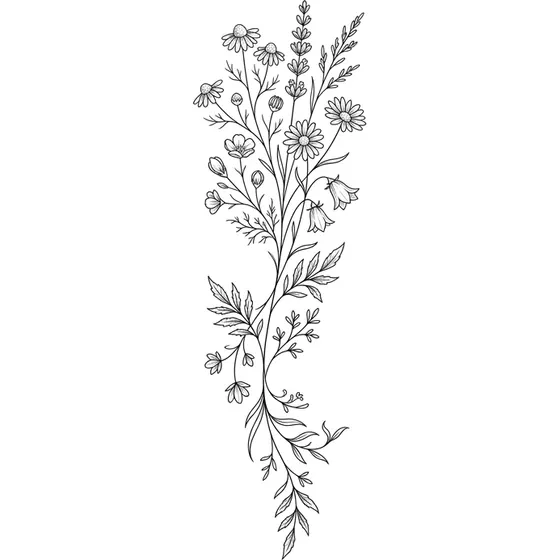 Fine Line Tattoos example — A single stem of wildflowers with trailing leaves