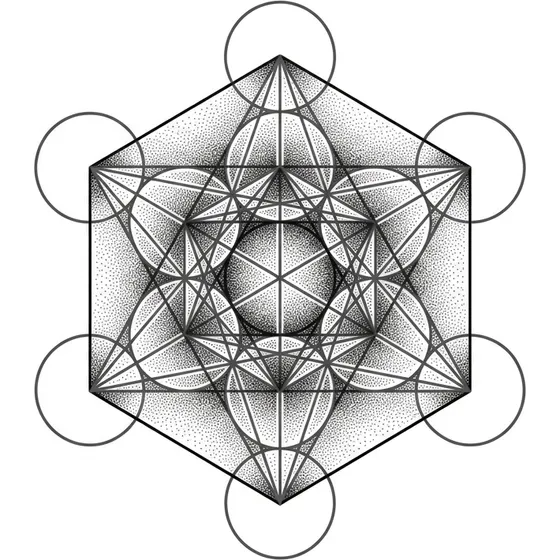 Geometric tattoo example — A Metatron's cube with fine dotwork shading between the lines