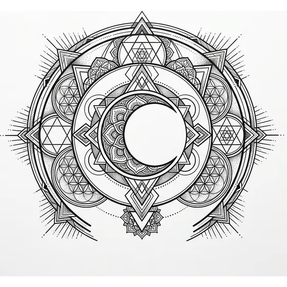 Geometric tattoo example — A crescent moon inside a series of concentric geometric arcs