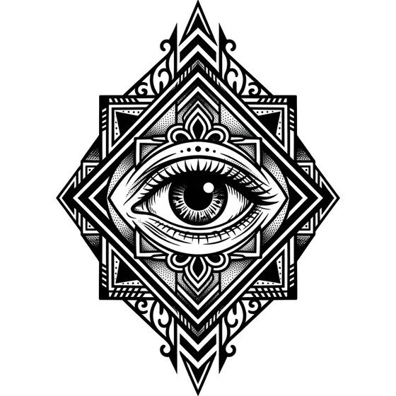 Blackwork tattoo example — An eye inside a bold geometric frame for the back of the hand