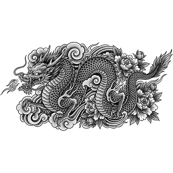 Japanese Tattoos example — A coiled dragon among stylised clouds and peony flowers