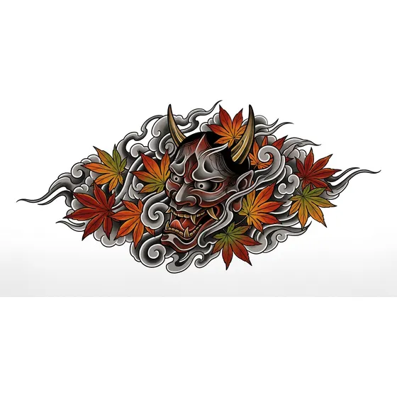 Japanese Tattoos example — A hannya mask surrounded by maple leaves and smoke