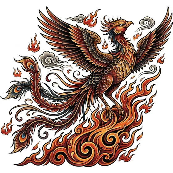 Japanese tattoo example — A phoenix with long tail feathers over stylised flame