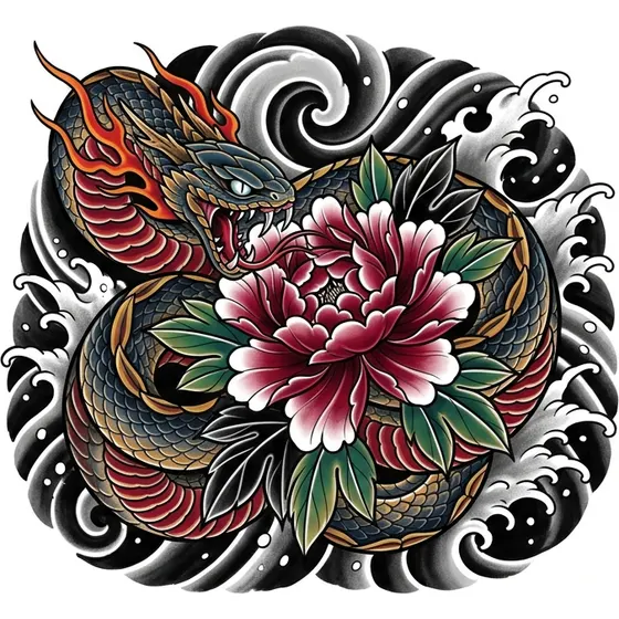 Japanese Tattoos example — A snake wrapped around a peony with wave background
