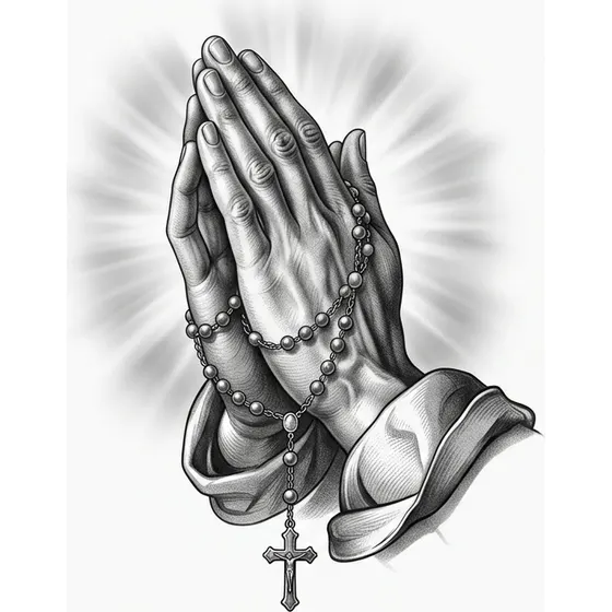 Memorial Tattoos example — A pair of hands clasped in prayer with rosary beads and a soft light behind