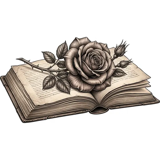 Memorial Tattoos example — A rose resting on an open book, fine detail in the petals