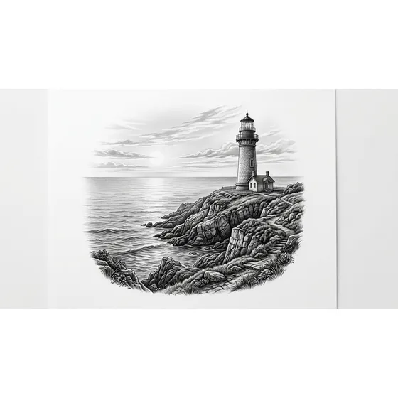 Memorial Tattoos example — A lighthouse on a headland with a calm sea beyond