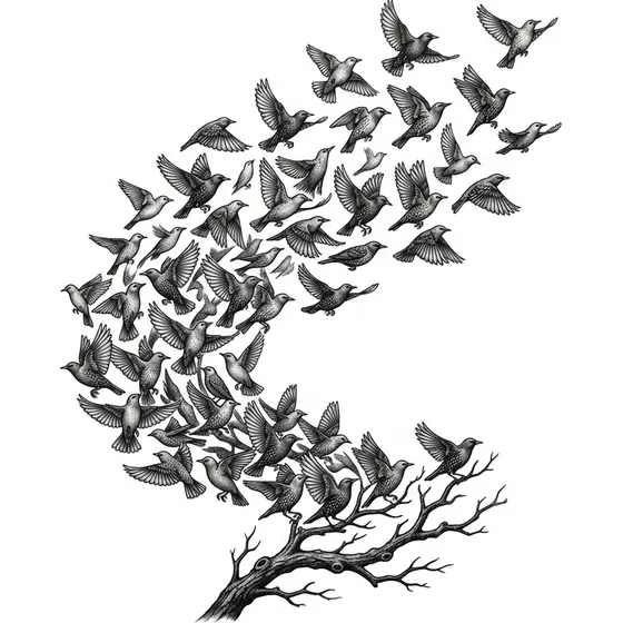 Memorial Tattoos example — A flock of birds rising from a bare branch and dispersing upward