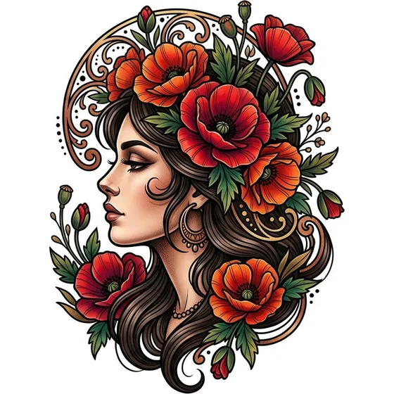 Neo-Trad tattoo example — A woman's portrait in profile with a headdress of poppies