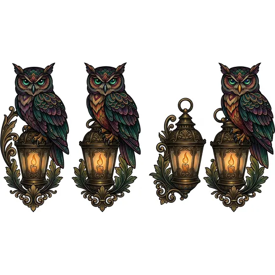Neo-Trad tattoo example — An owl perched on a lantern, deep jewel tones