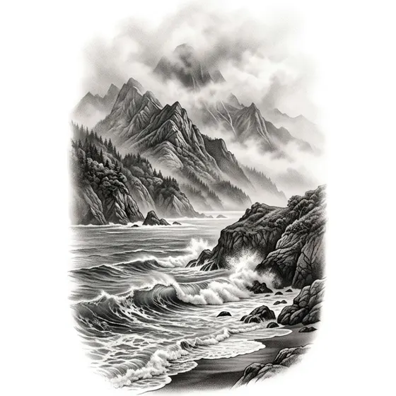 Realism Tattoos example — A coastal landscape, mountains fading into mist above breaking waves