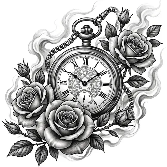 Realism Tattoos example — A pocket watch surrounded by roses and drifting smoke