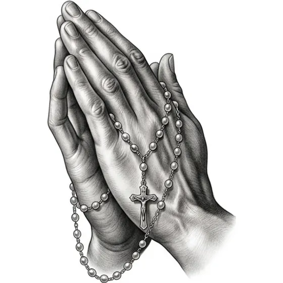 Realism Tattoos example — A pair of hands clasped in prayer with rosary beads