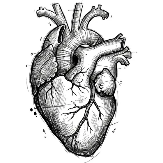 Sketch tattoo example — An anatomical heart sketched with cross-hatched shading