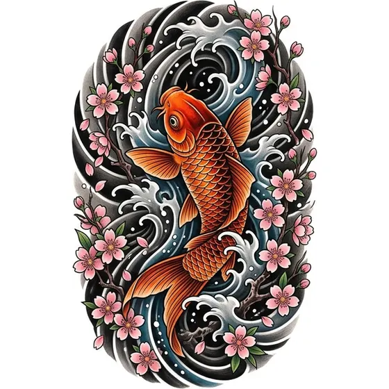 Sleeve Tattoo Ideas example — A Japanese half sleeve with koi, waves and cherry blossom