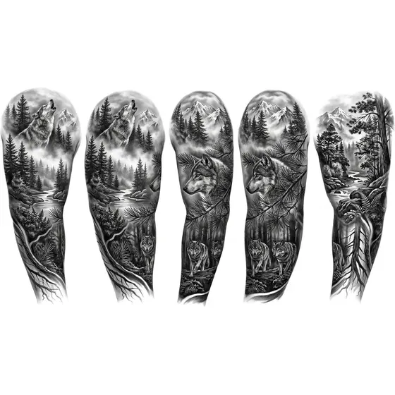 Sleeve Tattoo Ideas example — A forest sleeve with wolves, pines and mist from shoulder to wrist