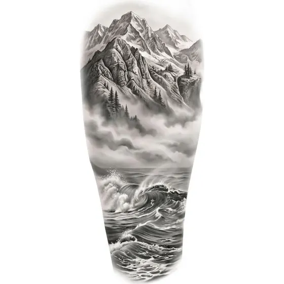 Tattoo Ideas for Men example — A full forearm piece of mountains fading into mist above waves