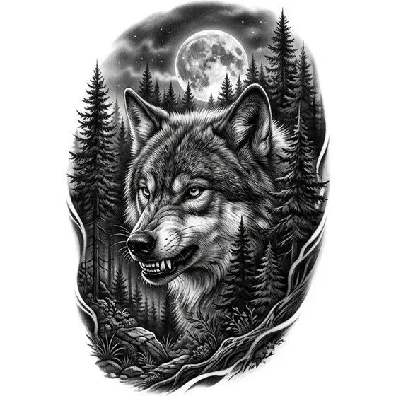 Tattoo Ideas for Men example — A wolf's head with a forest and moon behind, half sleeve