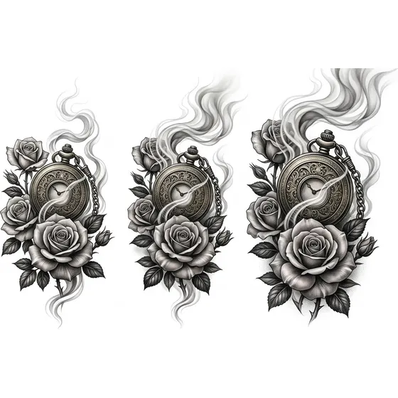Tattoo Ideas for Men example — A pocket watch, roses and drifting smoke for an inner forearm