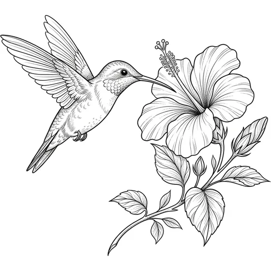 Tattoo Ideas for Women example — A hummingbird drinking from a hibiscus flower in fine line