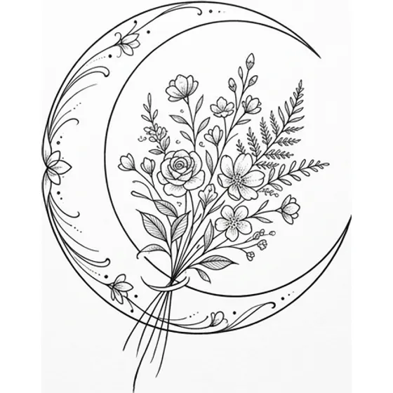 Tattoo Ideas for Women example — A crescent moon holding a small bouquet inside the curve