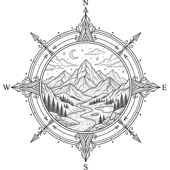 Tattoo Ideas example — A compass rose with a mountain landscape held inside it