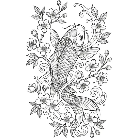 Fine Line tattoo example — Koi fish swimming through cherry blossoms