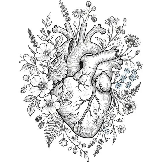 Tattoo Ideas example — An anatomical heart wrapped in wildflowers