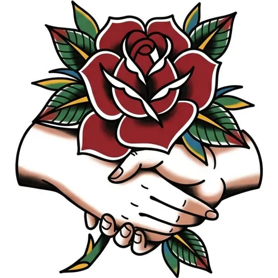 Traditional tattoo example — A clasped pair of hands holding a rose, old-school shading