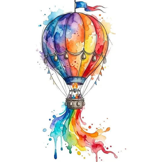 Watercolor tattoo example — A hot air balloon with colour running down beneath the basket