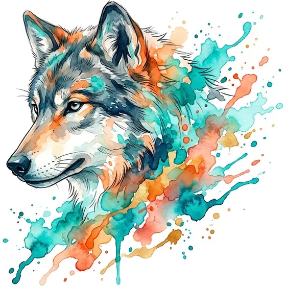 Watercolor tattoo example — A wolf's head dissolving into splashes of teal and orange