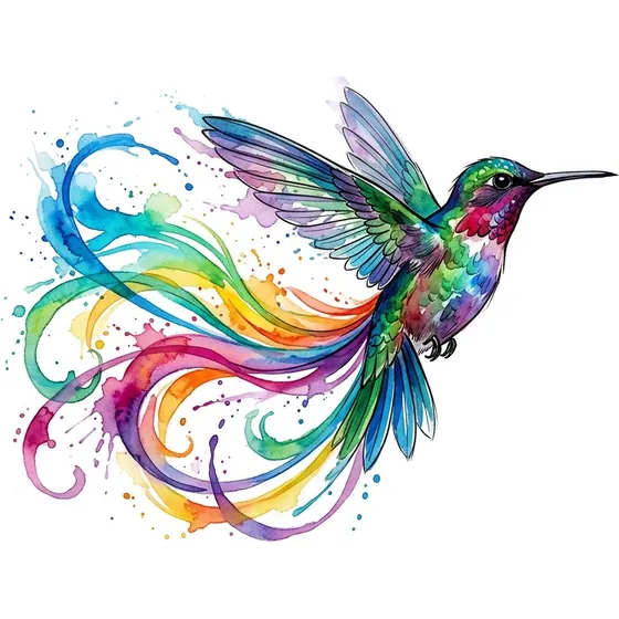 Watercolor tattoo example — A hummingbird mid-flight trailing ribbons of colour